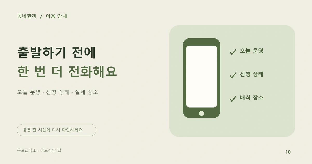 전화로 운영·대상·서류·배식 장소를 확인하는 네 항목 체크리스트